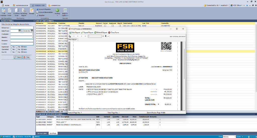 FSR Auto Works Enterprise System Screenshot