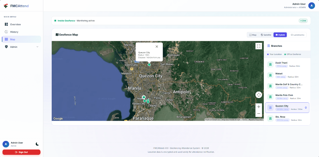 FMCAttend Geofencing Attendance System Screenshot